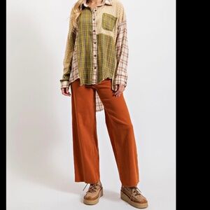 Anthropologie-Style Patchwork Plaid Long Sleeve Shirt by Easel- Small